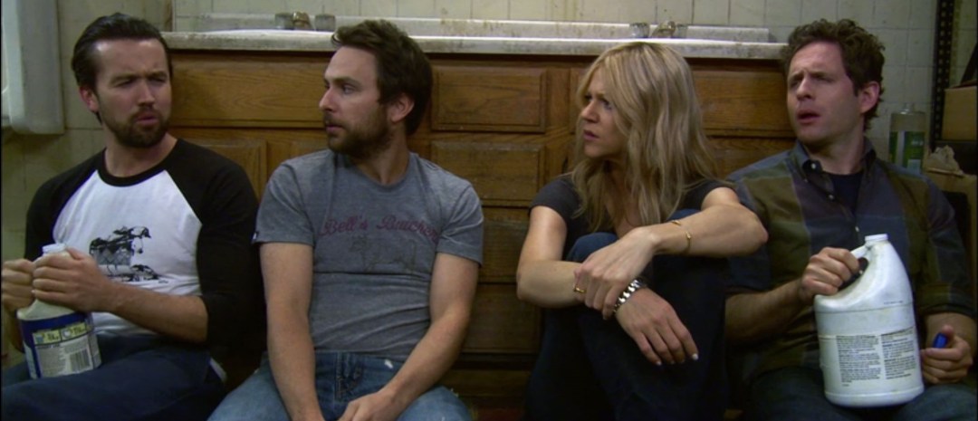 Mac MacDonald, Charlie Kelly, Dee Reynolds and Dennis Reynolds drinking in It's Always Sunny in Philadelphia